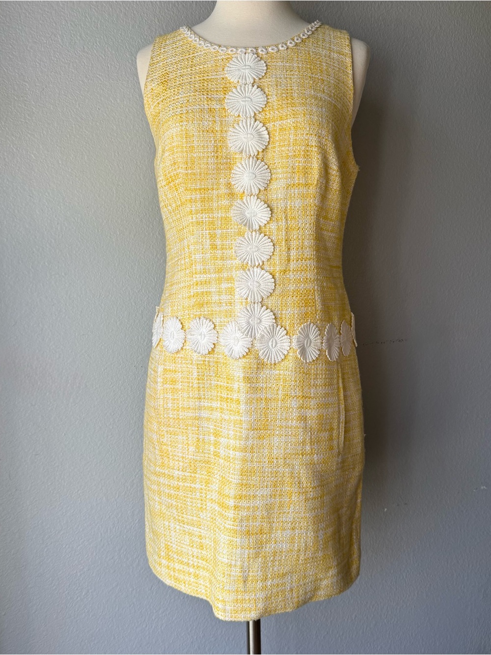 Laundry Yellow Tweed Mini Dress with White Floral Applique